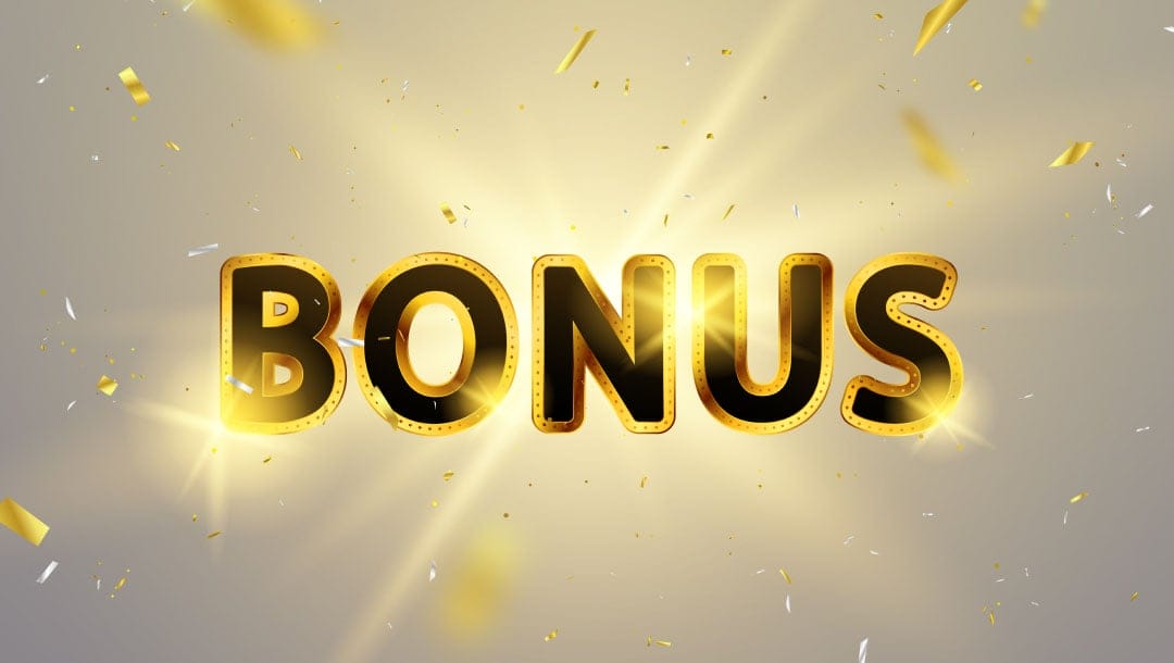 The word “bonus” in black and gold letters against a cream background with a white light shining from behind it.