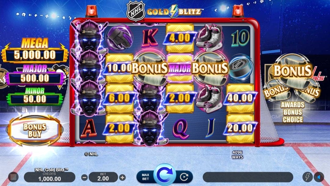 A screenshot of NHL Gold Blitz. The game takes place on an ice rink. The reel is inside the goal and is filled with symbols from ice hockey games, including ice hockey masks, pucks, and skates.