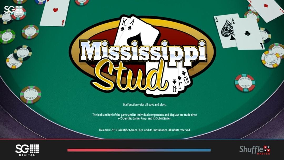 The Mississippi Stud title screen on a green and blue background, with playing cards displaying a spades royal flush.
