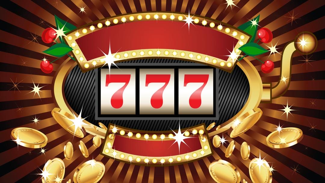 A shiny gold slot reel with three matching 7s, set against a gold and red background surrounded by gold coins.