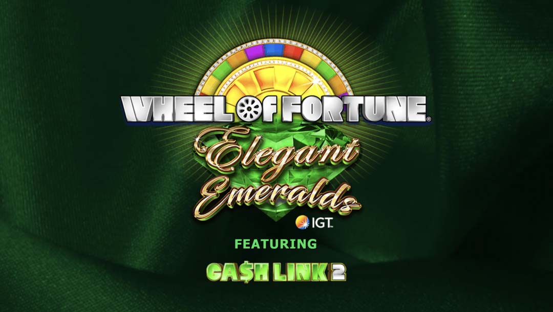 The Wheel of Fortunes Elegant Emeralds logo and a golden Wheel of Fortune outlined by jewels on a green background resembling fabric.