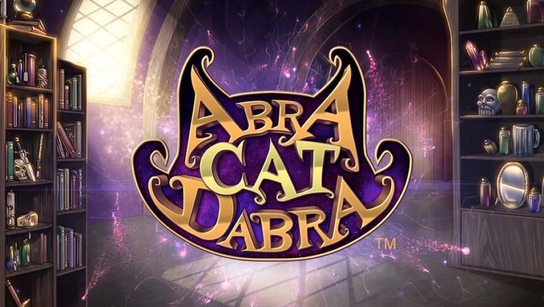 The AbraCatDabra online slot game logo, featuring a cartoon-style cat head shape with the game name inside, against a room of shelves filled with books, daggers, mirrors, potions, and skulls.