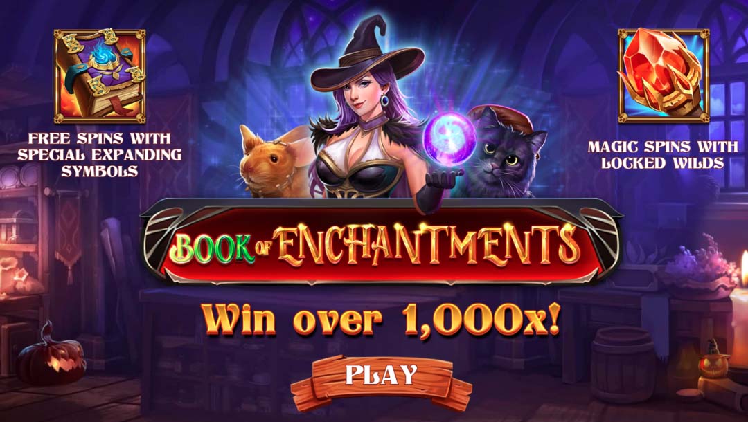 A screenshot of the Loading Screen for the Book of Enchantments slot game featuring a witch, mouse, and cat above the game’s logo, bonus features depicted in the two top corners, and a background of a room filled with magical items.