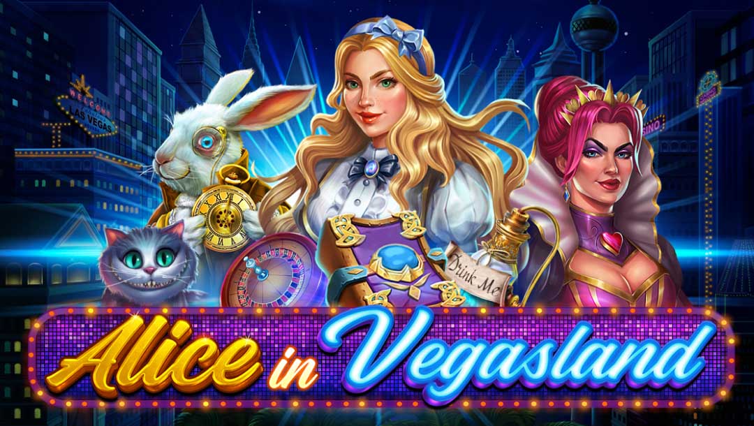 The Alice in Vegasland slot title screen featuring Alice, the White Rabbit, the Cheshire Cat, the Queen of Hearts, and some of the game’s special symbols, in front of a background of highrise casino buildings.