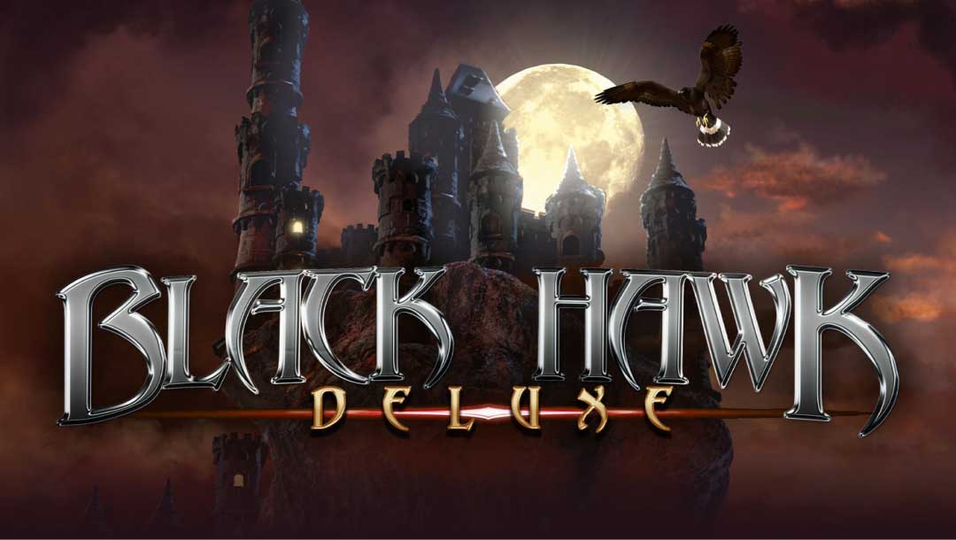 The title screen for Black Hawk Deluxe, featuring an eery, horror-fantasy style depiction of a black hawk flying in front of a dark castle with a full moon in the sky.