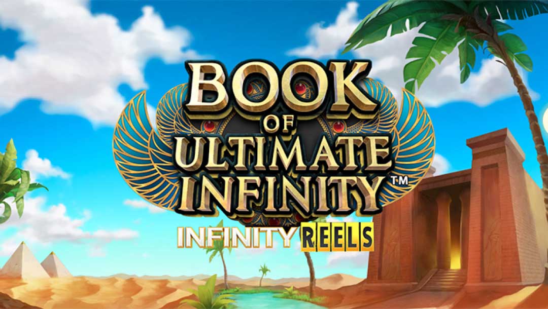 Book of Ultimate Infinity online slot game logo, on a desert background with pyramids, a river, and palm trees in a cartoon style.