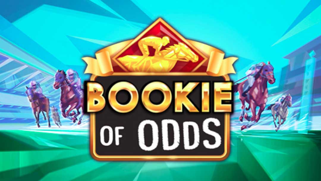 Bookie of Odds online slot game logo, with a horse race background.