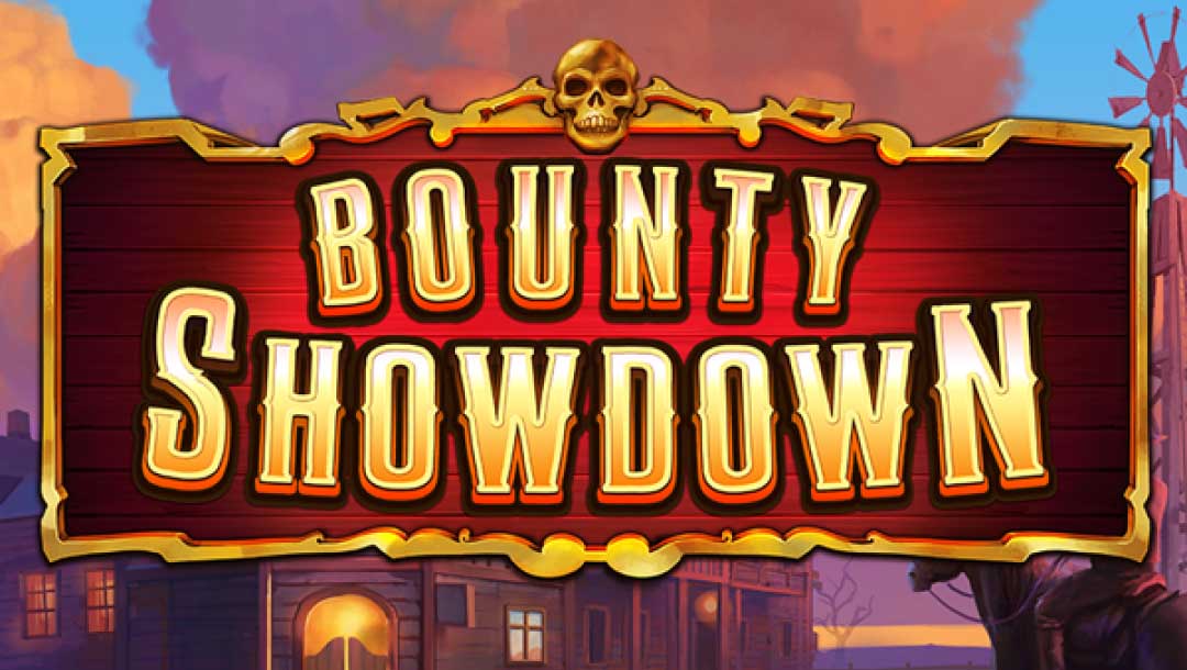Bounty Showdown online slot game logo, with an old western themed background