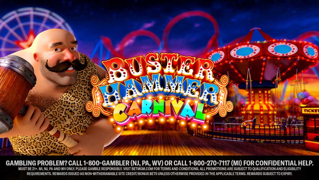 The title screen for the Buster Hammer Carnival Slot game featuring Buster holding his wooden hammer with various carnival rides and a ticket booth in the background.