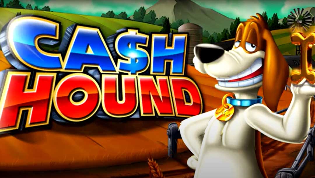 Screenshot of Cash Hound online slot game, showing the logo of the game, a white and brown dog holding a golden bone, with a farm setting background.