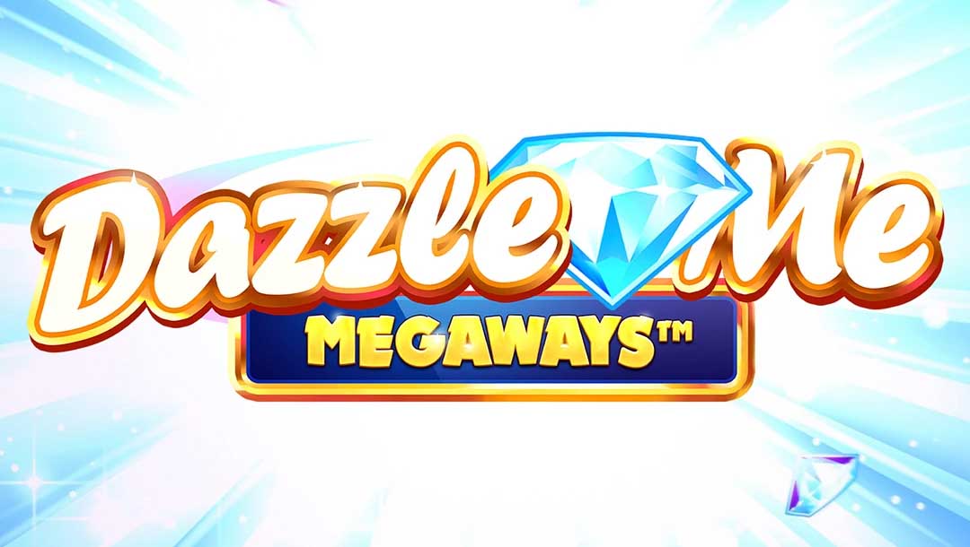 A screenshot of the logo for the Dazzle Me Megaways slot game featuring the game title and a large blue diamond on a shining background.