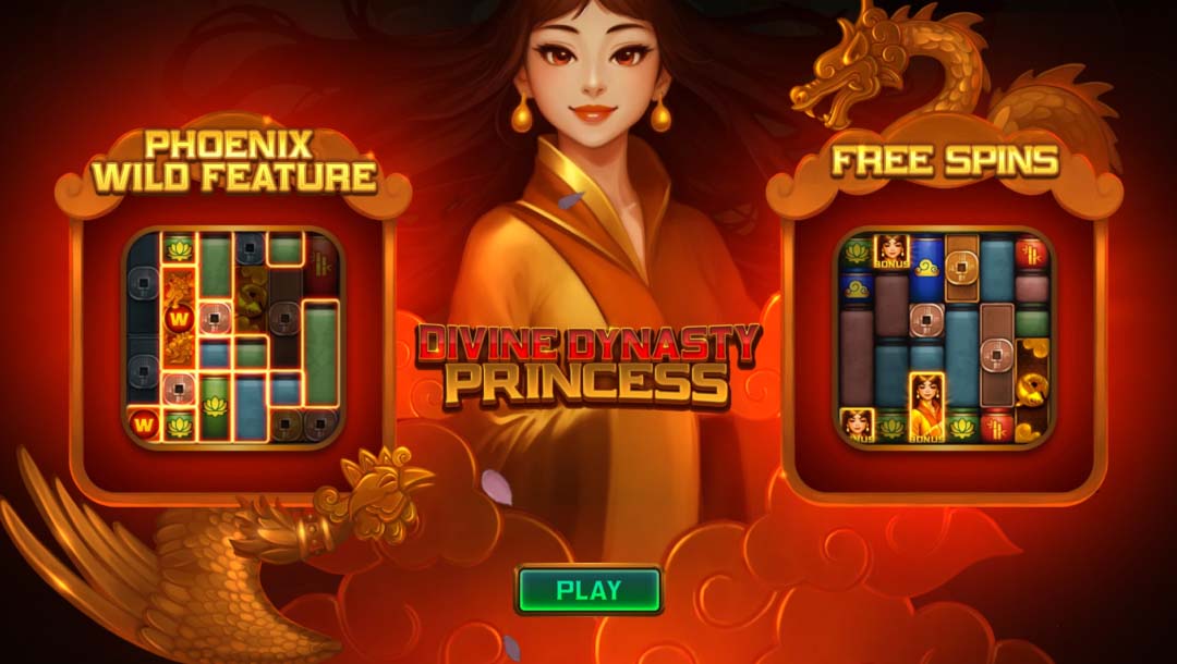 Screenshot of Divine Dynasty Princess online slot game loading screen, showing the “phoenix wild feature”, and the free spins feature.