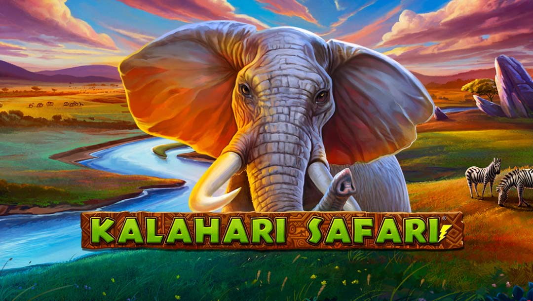 The Kalahari Safari title screen showing a large elephant on top of the game’s logo with a Safari background complete with a stream, grass covered fields, trees, Zebra, and rock formations.