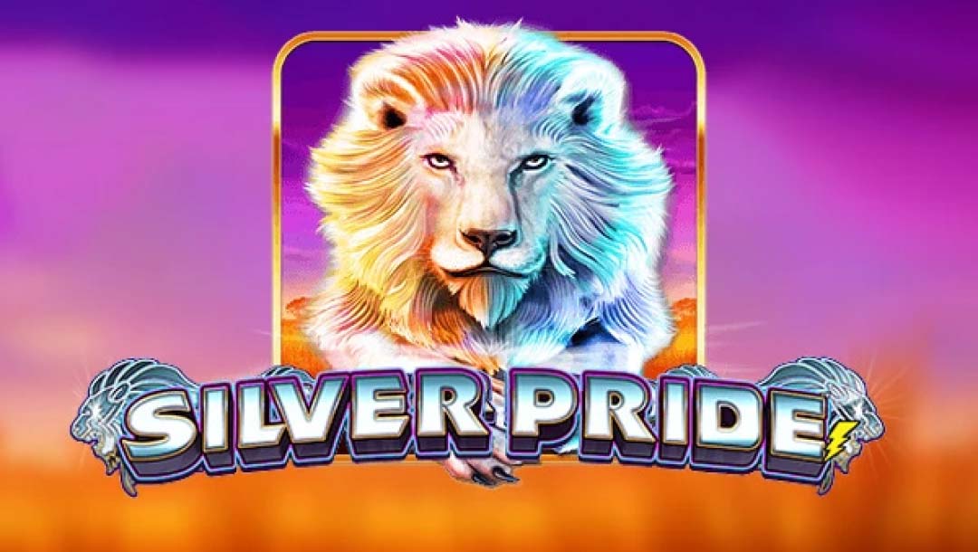 The title screen for the Silver Pride slot game by Lightning Box featuring a silver lion on a purple and orange background.