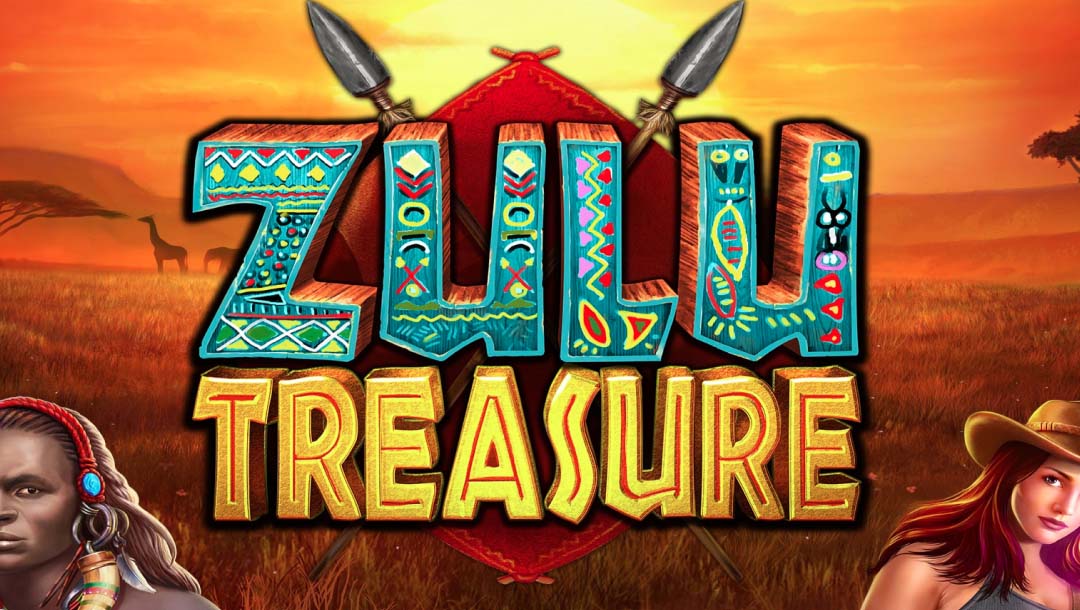The Zulu Treasure title screen featuring the game’s logo wth a shield and two spears behind it; An explorer and an African warrior appear in the bottom corners of the image and the background is of a landscape at sunset.