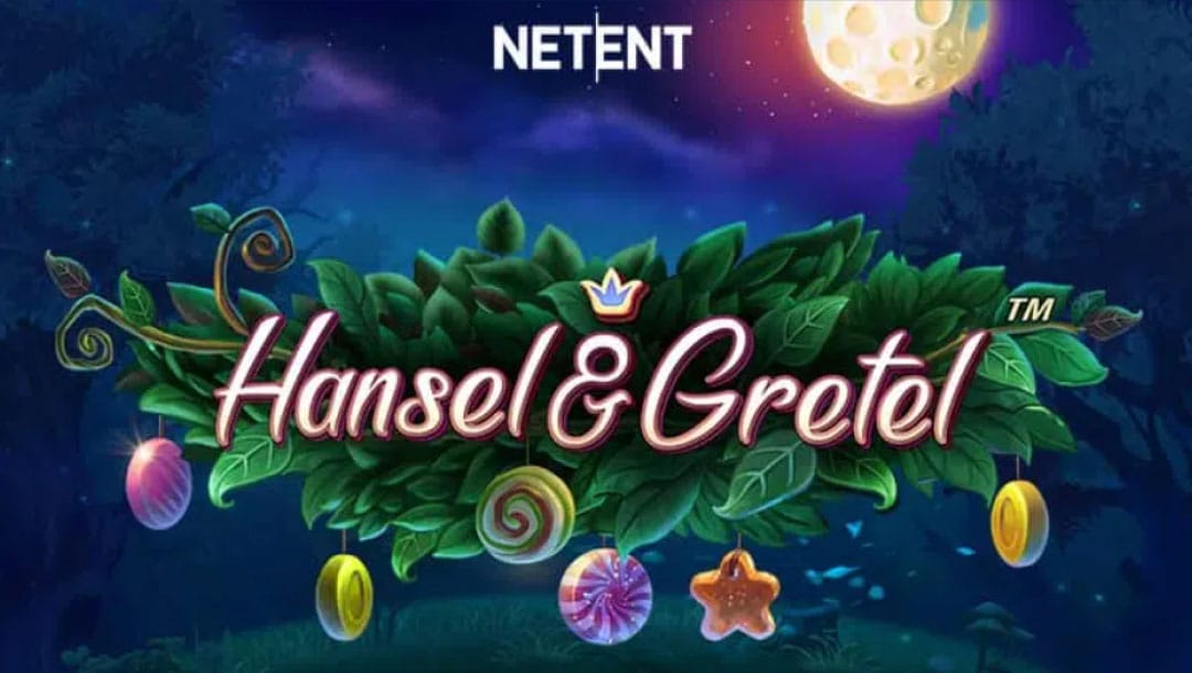 Screenshot of Fairytale Legends: Hansel and Gretel online slot game logo set on an Ivy background, and a forest setting behind the logo.