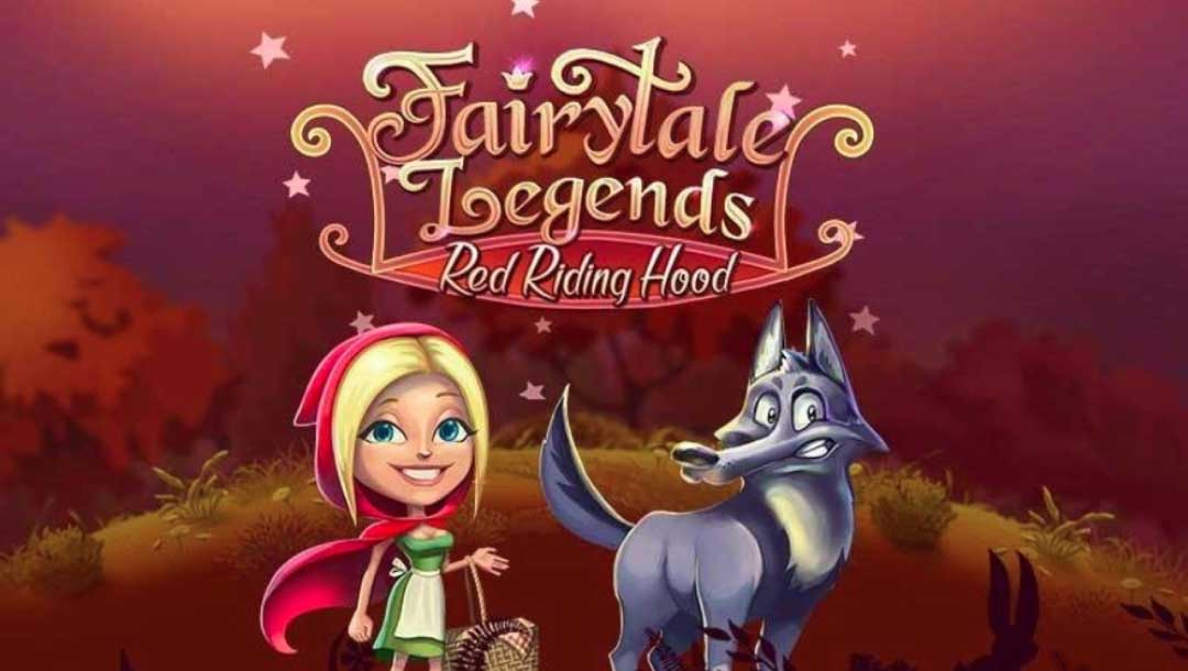 Screenshot of Fairytale Legends: Red RIding Hood online casino game loading screen, showing Little Red Riding Hood, and the Big Bad Wolf in a forest setting.