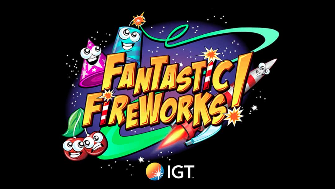 Fantastic Fireworks online slot title logo written in gold with a cherry sparkler, purple cone hat and a crisscross symbol on a white and red rocket in space.