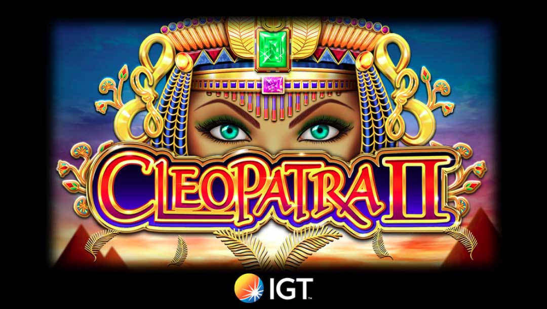Cleopatra II online slot loading screen, featuring the game title and a cartoon-style woman with striking eyes and wearing a gem-adorned crown headpiece.