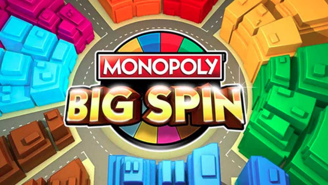 The title screen for Monopoly Big Spin featuring the game’s logo on top of a rainbow-colored wheel, in the center of a city made out of plastic blocks resembling Legos.
