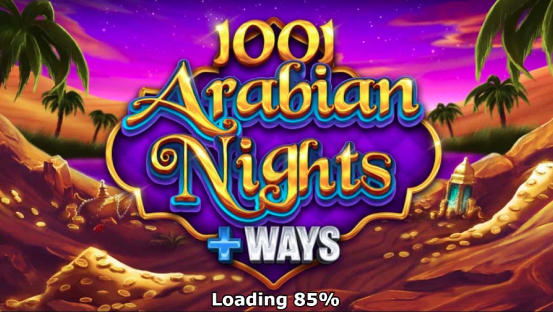 The title screen for 1001 Arabian Nights Plus, featuring a desert oasis with treasure in the sand, surrounded by palm trees.