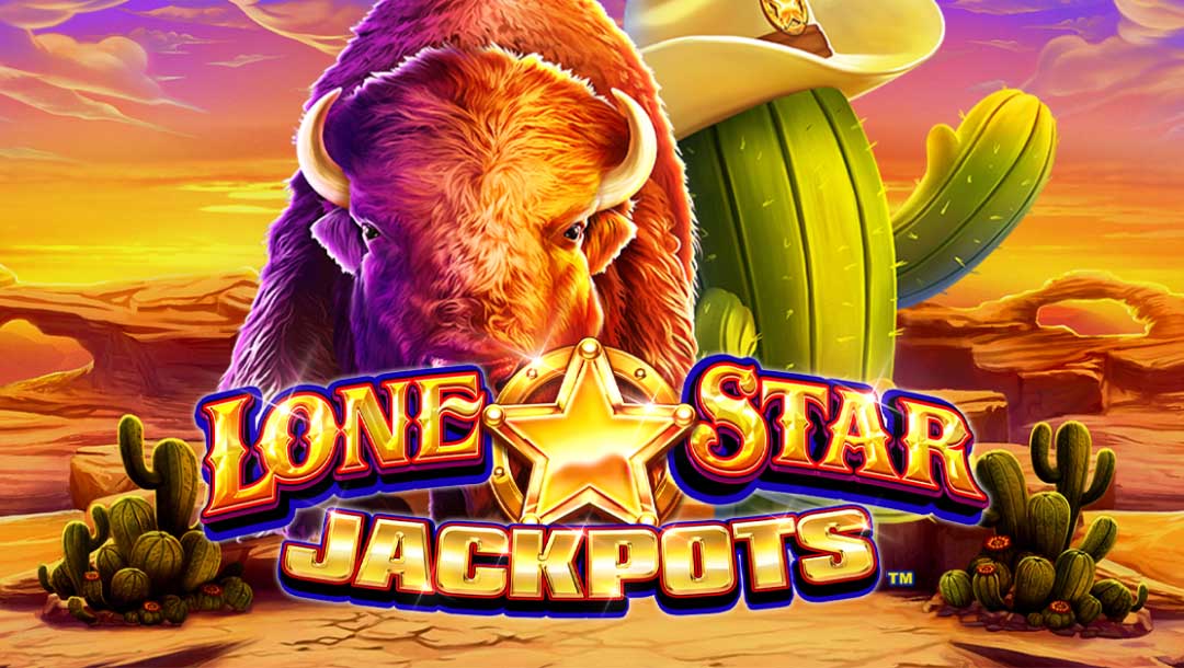 Lone Star Jackpots online slot game logo, featuring a bison, and cacti, on a desert-setting background