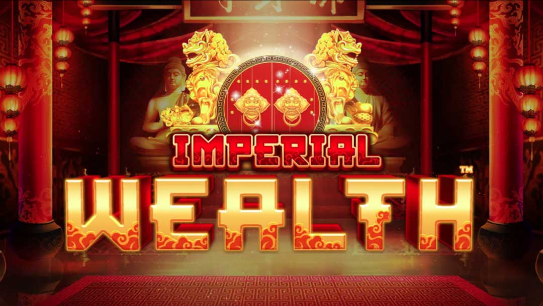 The title screen for the Imperial Wealth slot game, featuring a closeup of a happy, animated, golden dragon surrounded by lanterns, gold coins, and a blossom tree, on an orange background.