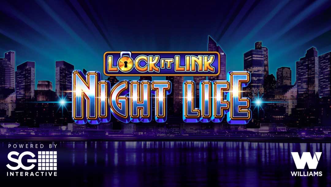 The title screen for the Lock It Link Night Life slot, featuring the game logo on backdrop of a well-lit cityscape at night.