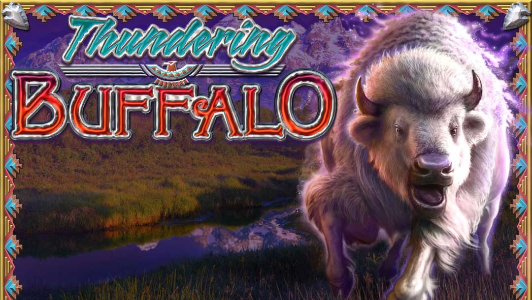 The title screen for the Thundering Buffalo slot game, featuring the game’s title and an open-mouthed, white buffalo running on grass next to a stream with snowy mountains in the background.