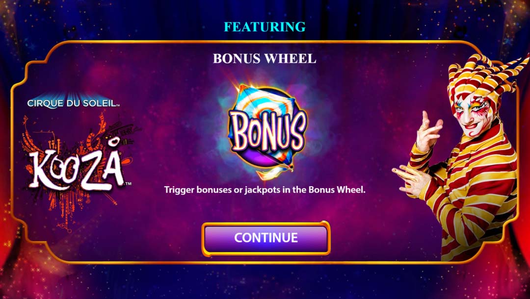 Screenshot of Cirque Du Soleil Kooza online slot game, showing the loading screen, and a clown.