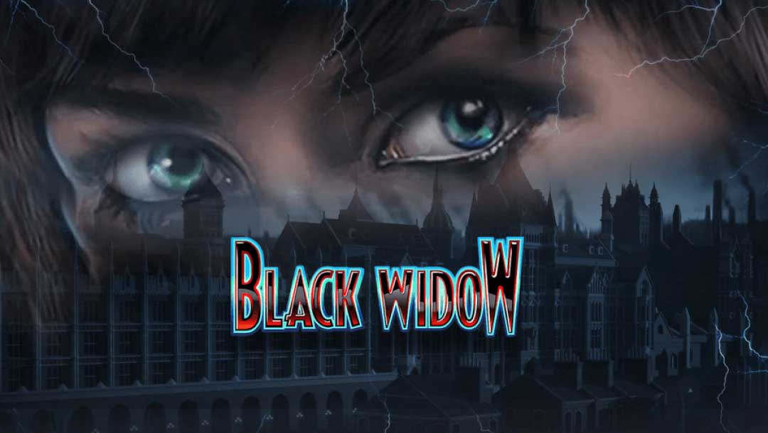 The title screen of the Black Widow slot game; the Black Widow’s eyes appear slightly faded over a street-view of buildings at night; lightning strikes are scattered around the borders of the image.