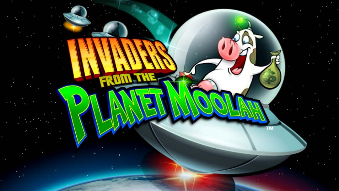 Logo of Invaders from Planet Moolah online casino game, with a space themed background, and a cow holding a money bag in a UFO.