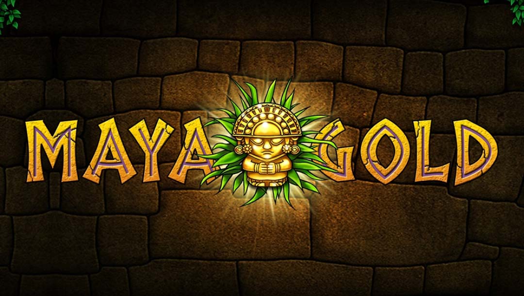 The Maya Gold online slot loading screen features the Maya Gold logo, written in gold, with a Mayan statue surrounded by green leaves in the middle.