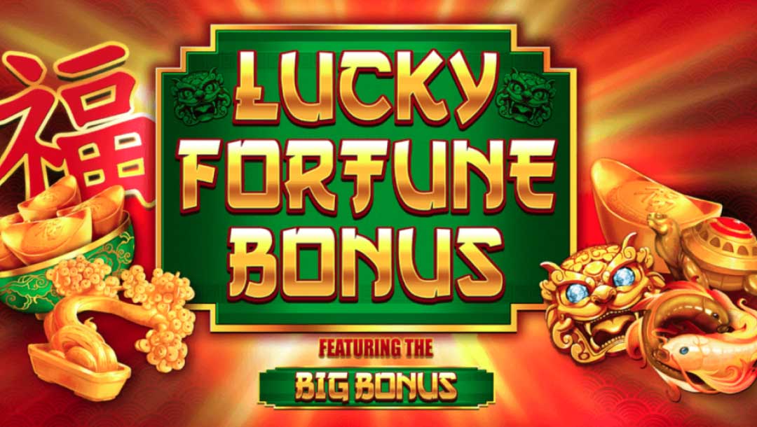 Screenshot of Lucky Fortune Bonus online slot game logo, featuring images of a bowl with gold ingots, a golden dragon with diamond eyes, a golden tortoise, two golden koi swimming around each other, a single gold ingot, and a golden bonsai.
