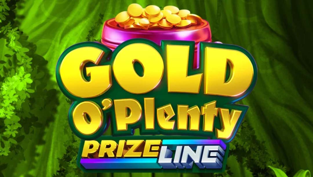 The Gold O’Plenty title screen. The game title “Gold O’Plenty” sits in front of a bright purple pot filled with gold coins. In the background is a mossy, green tree.