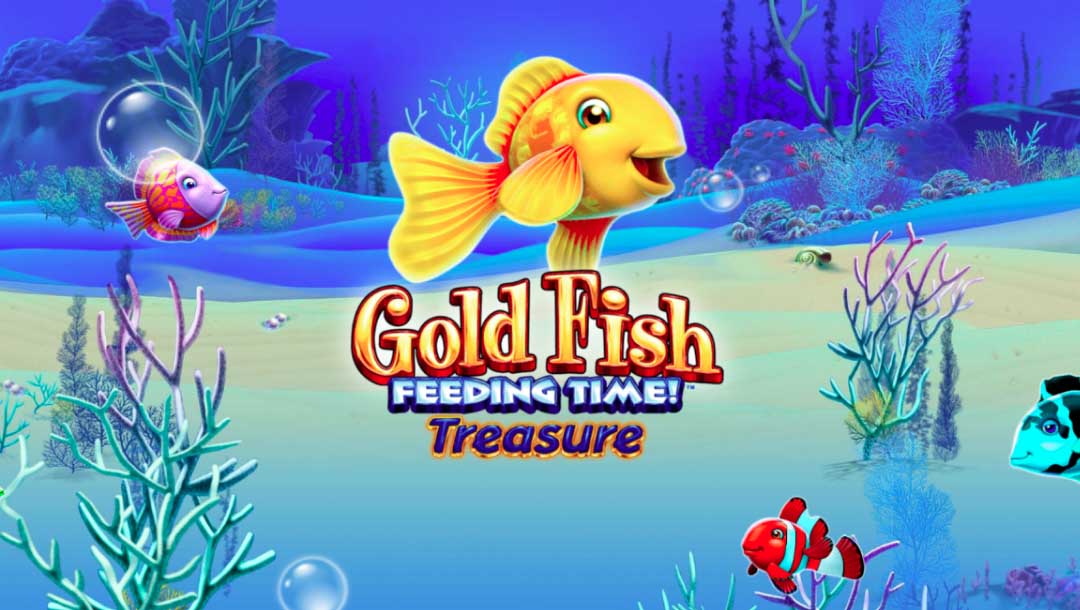 The Gold Fish Feeding Time Treasure title screen against a backdrop of the ocean floor with picturesque blue and yellow sand, coral, and various fish. There is a bright, glowing gold fish in the center of the title screen.