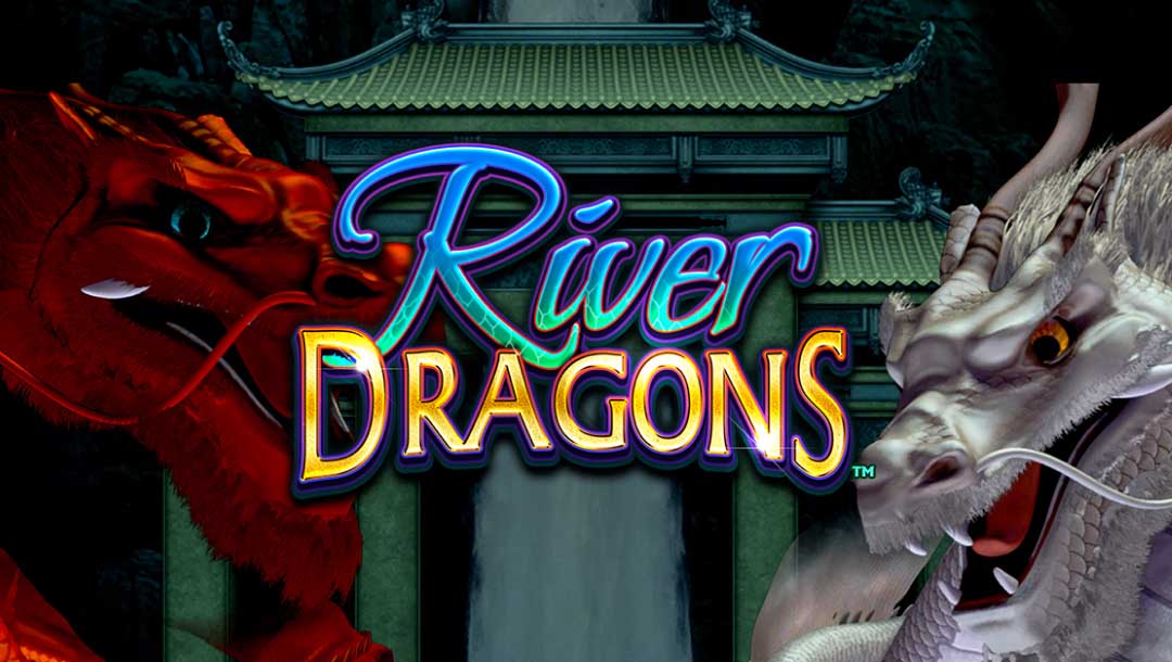 The River Dragons title screen. The game name is in the center of the screen, with a mighty red dragon on the left and an ancient white dragon on the right. Behind it lies a Chinese archway with a waterfall flowing between the arches.