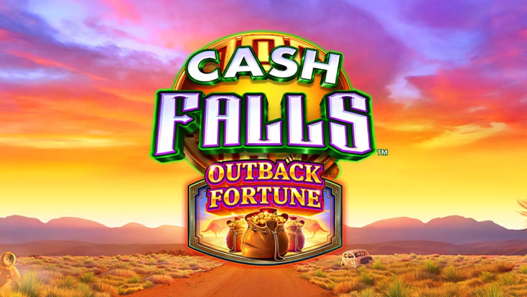 Cash Falls Outback Fortune logo, with a desert road background, featuring mountains, a dirt road, a brokedown car, and a sunset.