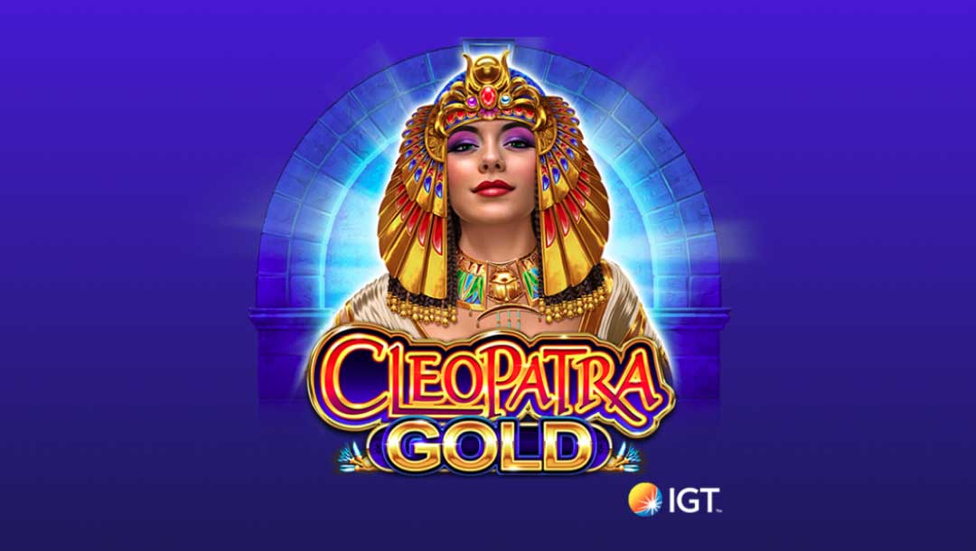 The title screen for the Cleopatra Gold slot game by IGT, featuring a detailed illustration of Cleopatra with a faded brick arch behind her on a blue background; The game logo and developer logo are in the foreground.