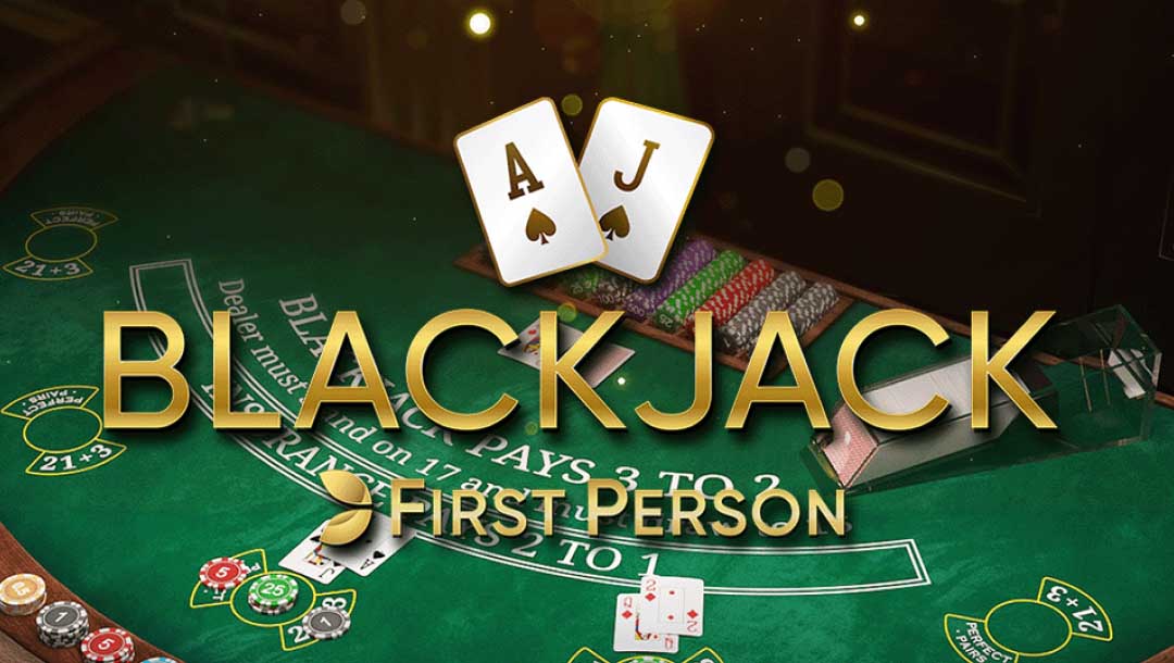 Screenshot of First Person Blackjack, with a background of a blackjack table in a casino.
