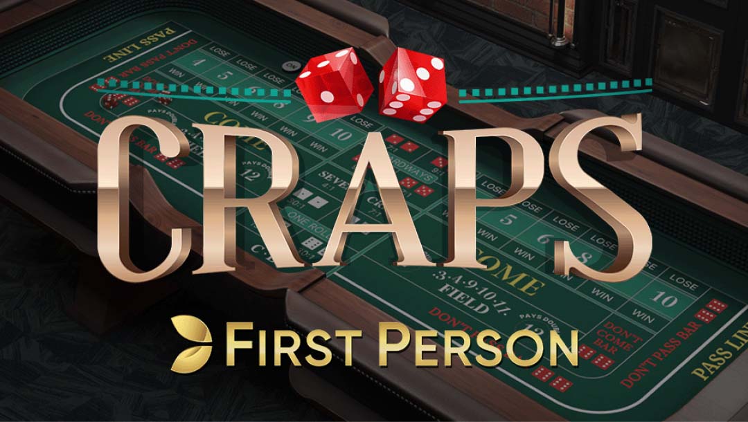 A screenshot of the First Person Craps logo with two red, six-sided dice on top of it and a craps table on a casino floor as the background.