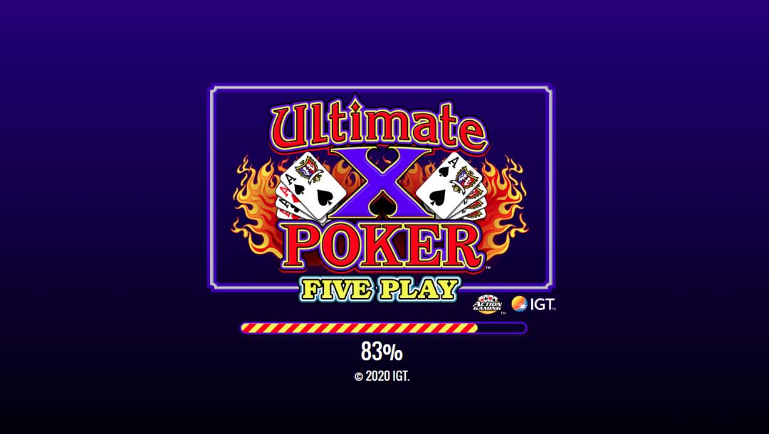Ultimate X Poker Five Play online poker game loading screen, with the games logo on a blue background.