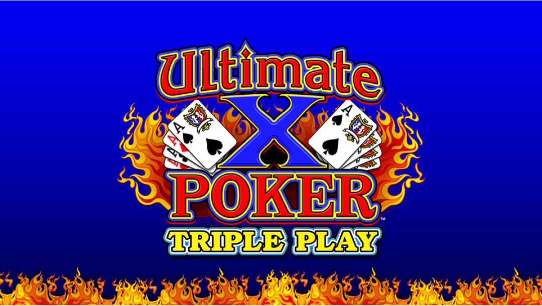 A screenshot of the Ultimate X Poker Triple Play title screen, featuring 2D illustrations of playing cards and flames framing the game’s title on a blue background.