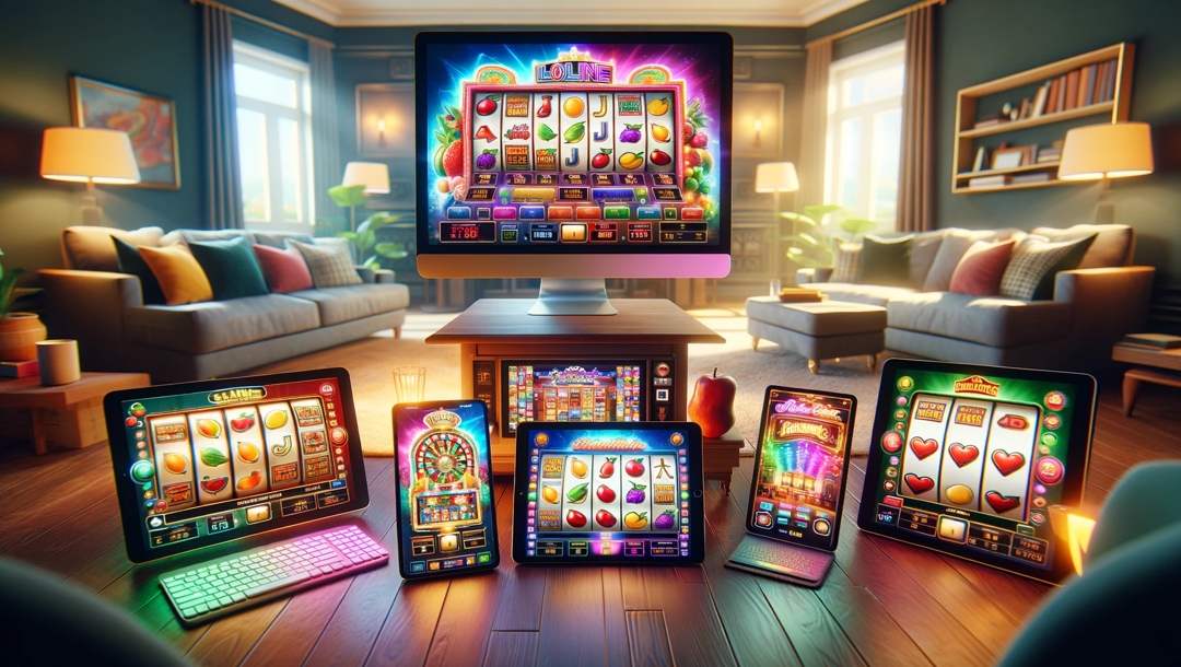 Variety of online slot machine interfaces on screens in a cozy home setting