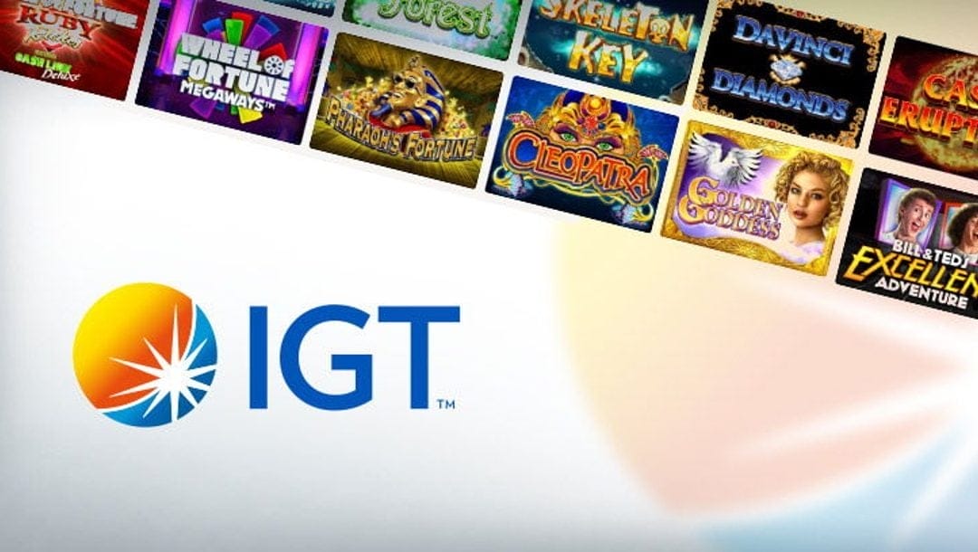 IGT online casino logo, with examples of their online slots in the background