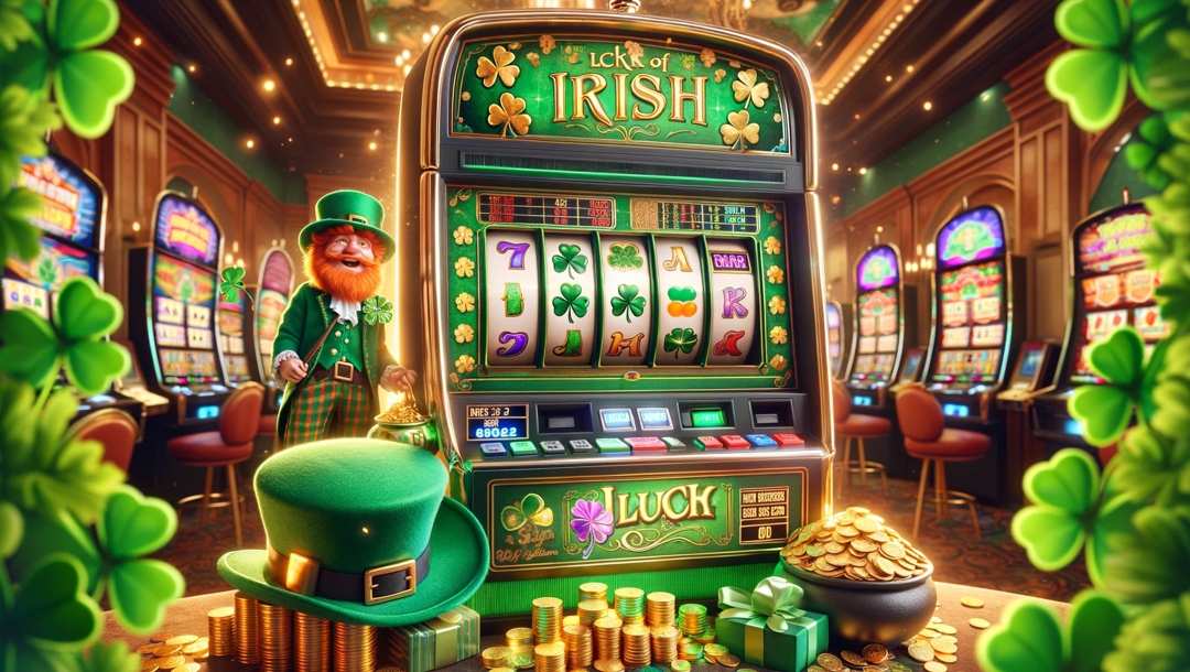 Image of an Irish-themed slot machine featuring symbols like four-leaf clovers, pots of gold, and leprechauns on the reels
