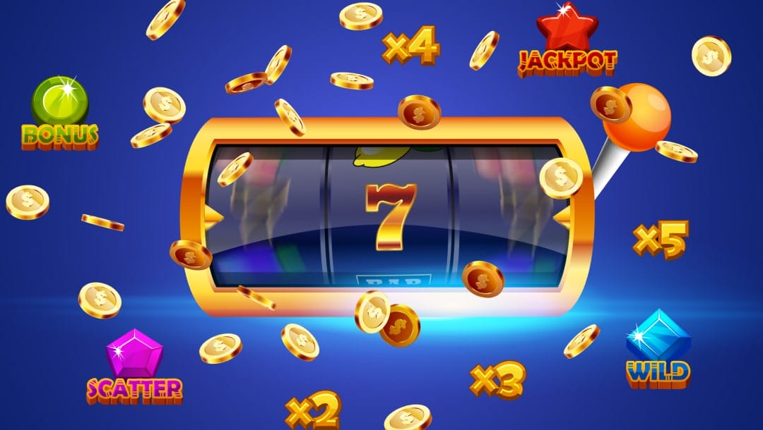 A vector image of a 3-reel slot game with a gold frame in the center of a blue background. A gold 7 is on the middle reel while the other two are spinning. Bonus symbols, multipliers, and gold coins float around the image.