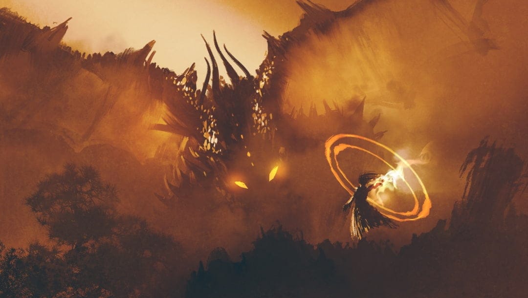 A dark image of a dragon looming over a magician as they prepare a spell. The image has an eerie, magical quality due to the orange tones coming through the darkness.
