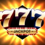 Stylized "777" jackpot graphic with gold and white numbers on a black diamond background, framed by a glowing orange and yellow burst. Below the numbers is a marquee sign with flashing red lights and the word "JACKPOT" in bold black letters.