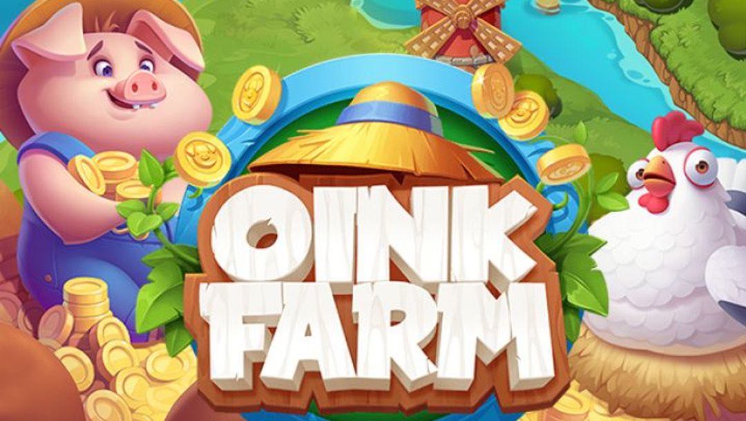 The Oink Farm online slot’s title page, featuring a cartoon pig holding gold coins and a white chicken against a colorful farm background with a windmill and river.